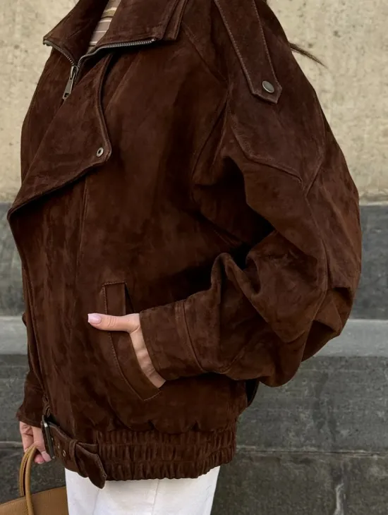 Винтажная куртка - бомбер из замши в коричневом цвете - фото 2
