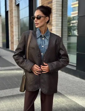 Стильный пиджак из натуральной плетеной кожи - фото 7