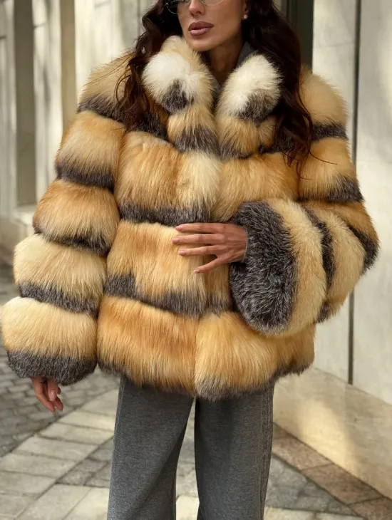 Полушубок из меха лисы Golden-grey fox стойка воротник - фото 2