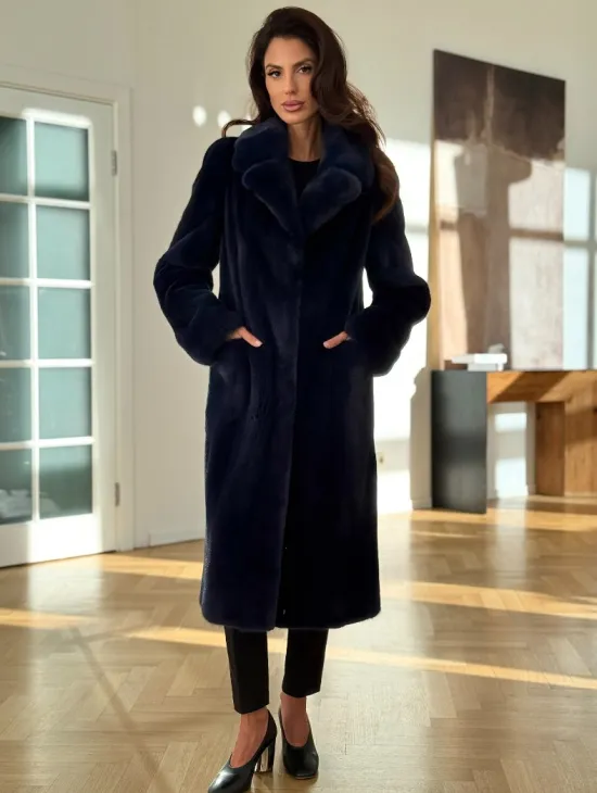 Норковая шуба темно-синего цвета - фото 6