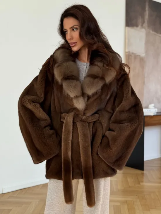 Норковый полушубок - цвет соболь - фото 6