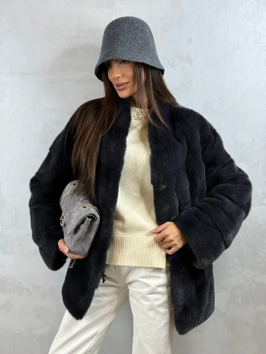 Полушубок норковый - темный графит - фото 0