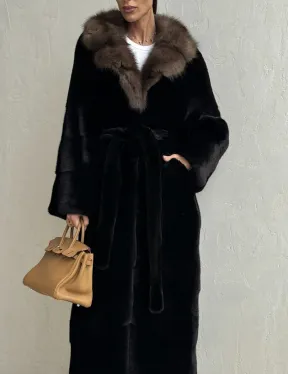 Черная норковая шуба - воротник куница - фото 2