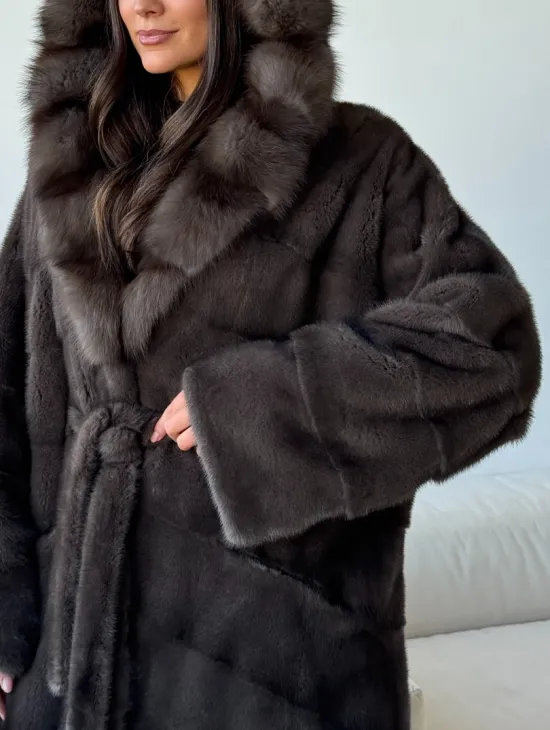 Длинная норковая шуба с капюшоном - графит - фото 2