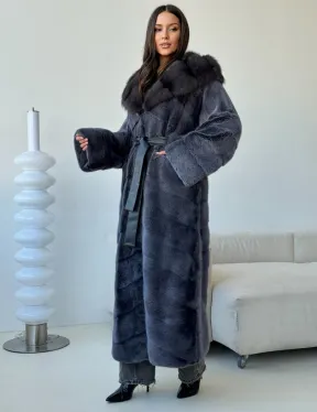 Длинная норковая шуба с куницей капюшон - фото 9