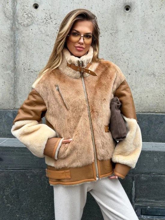 Комбинированная дубленка из овчины и норки - фото 11