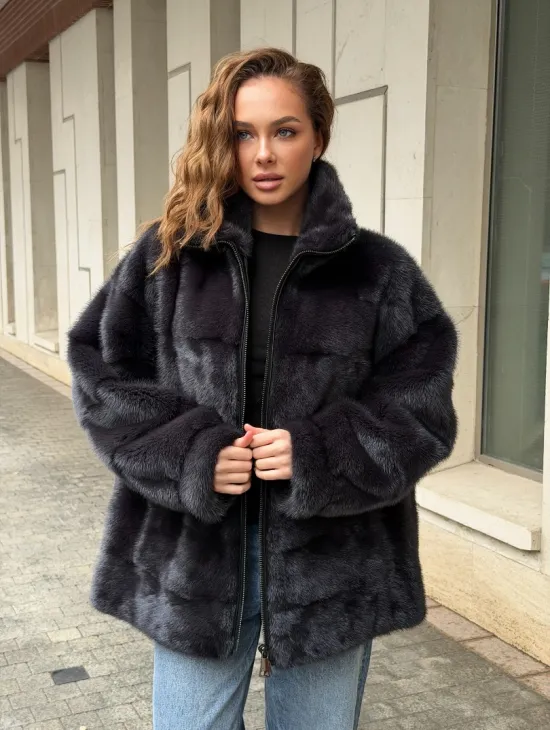Норковая куртка на молнии - графит - фото 10