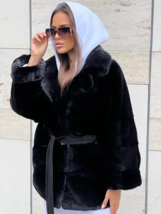 Черная короткая шуба из плюшевой норки Velvet с английским воротником - фото 0