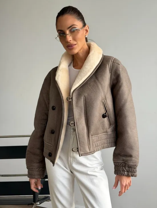 Короткая дубленка - воротник шаль - фото 0