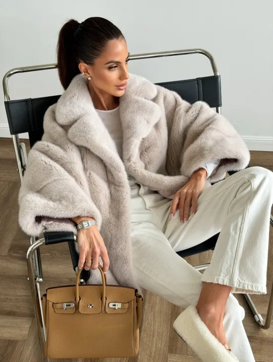 Светлый норковый полушубок - английский воротник - фото 5