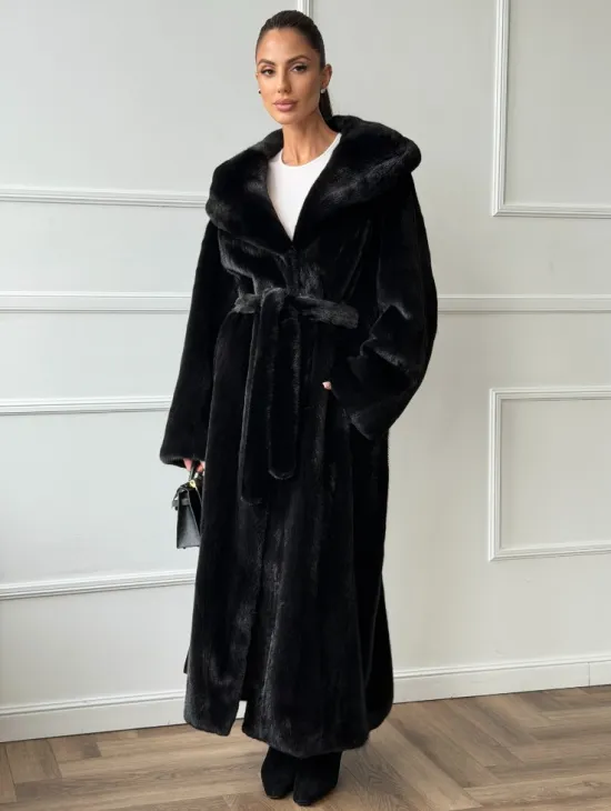 Чёрная норковая шуба модель «кимоно» с капюшоном кобра - фото 0