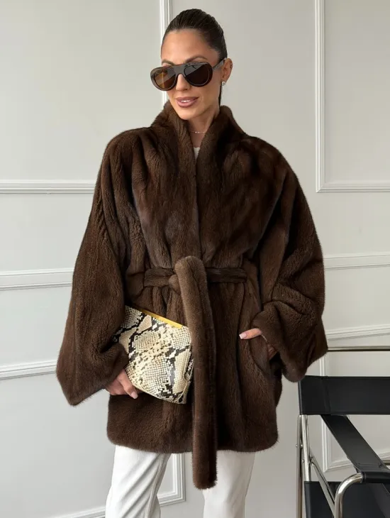 Норковый полушубок с меховым поясом - Летучая мышь - фото 0