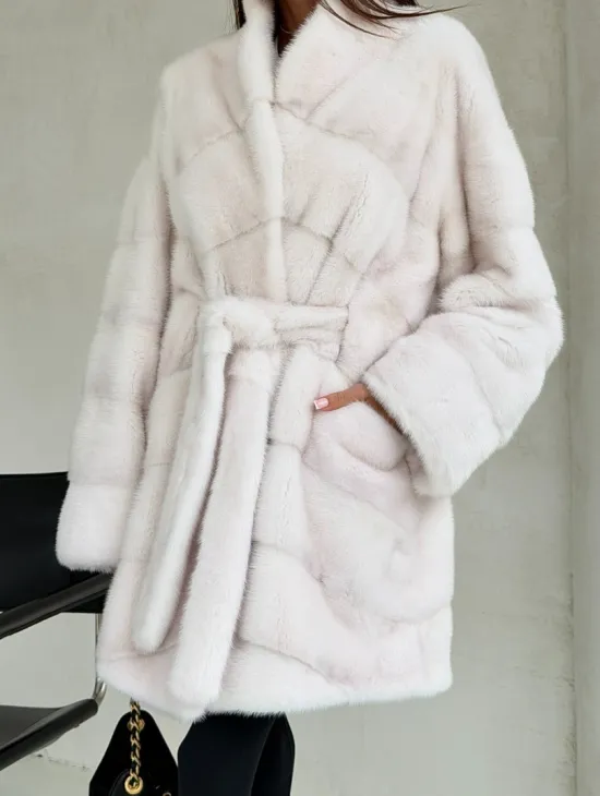 Белая шуба-кимоно, мех норка - фото 1