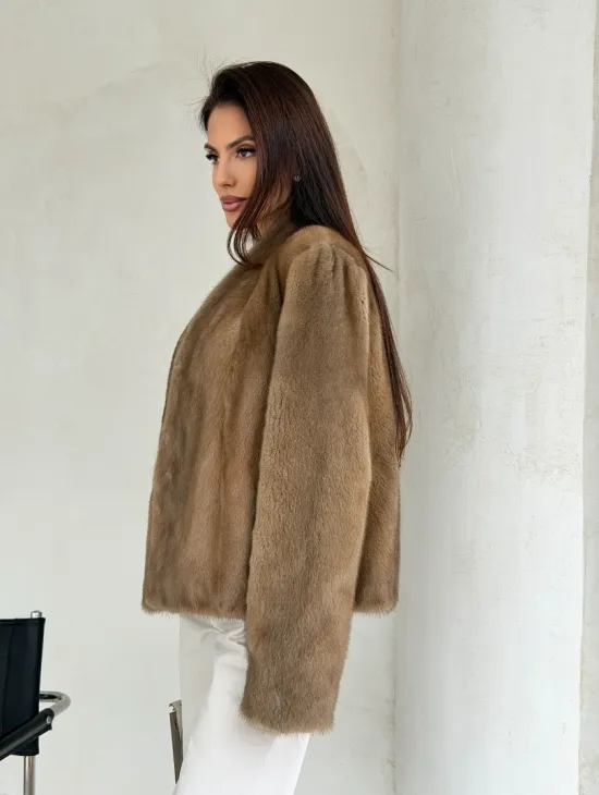 Укороченная шуба из натурального меха норки - пастель - фото 10