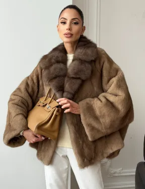 Норковый полушубок с воротником куницы 70 см - фото 0