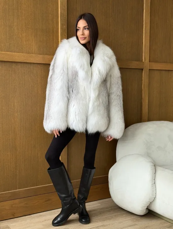 Белый полушубок из крестовой лисы - английский воротник - фото 11