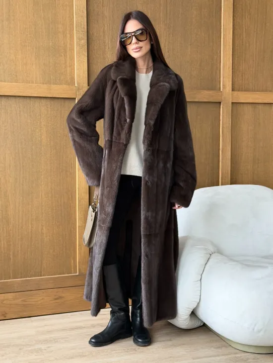 Норковая шуба - прямой крой с меховым поясом - фото 9