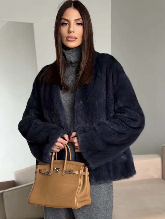 Короткий норковый жакет - синий графит - фото 8