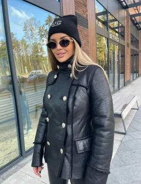 Дубленка из натуральной овчины в стиле милитари - фото 0