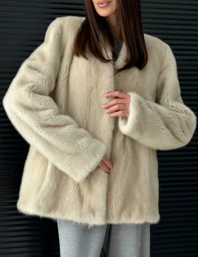 Светлый норковый жакет V-образный воротник - фото 1