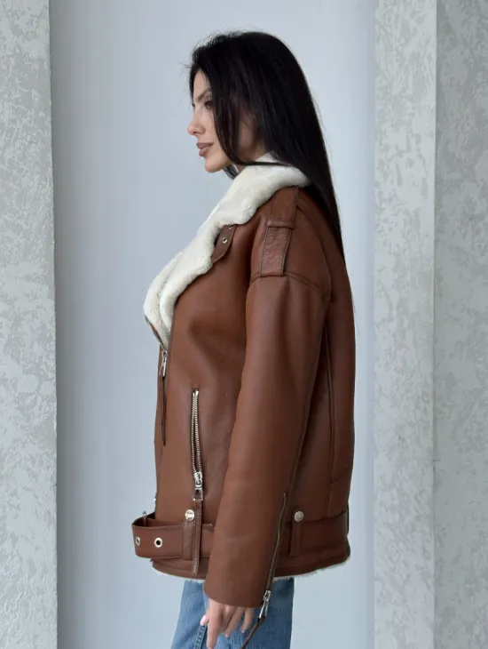 Дубленка авиатор из натуральной кожи в цвете виски - фото 9