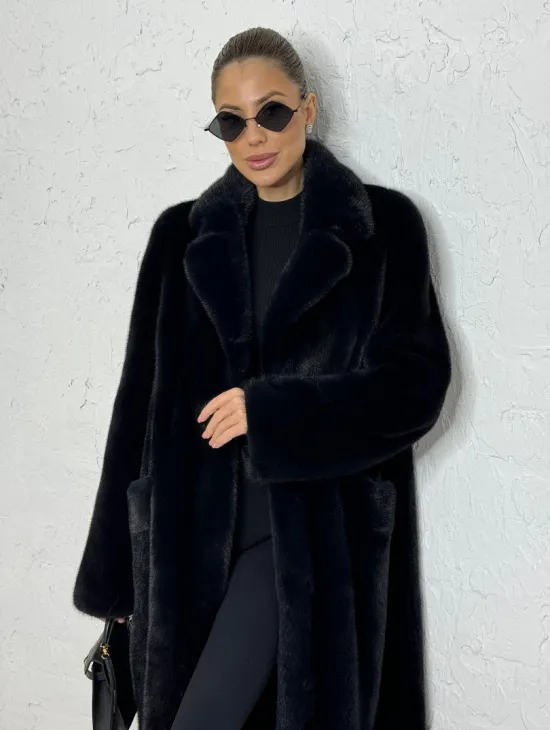 Шуба из плюшевой норки с английским воротником - цвет инфинити - фото 0
