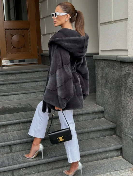 Норковая шуба с капюшоном цвет графит - фото 3