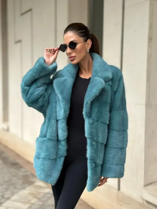 Шуба из норки с английским воротником - цвет тиффани - фото 0