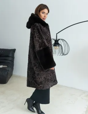 Уголь шуба из каракульчи и норки с капюшоном - фото 3