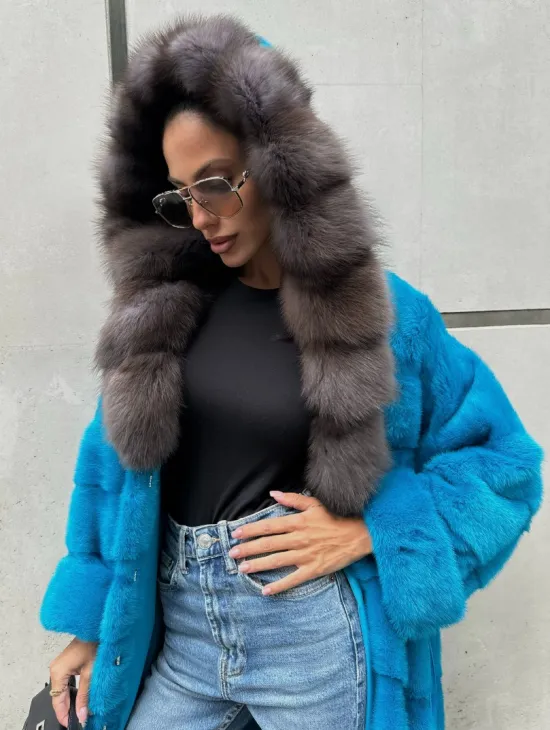 Шуба норковая с капюшоном из меха куницы - цвет тиффани - фото 7