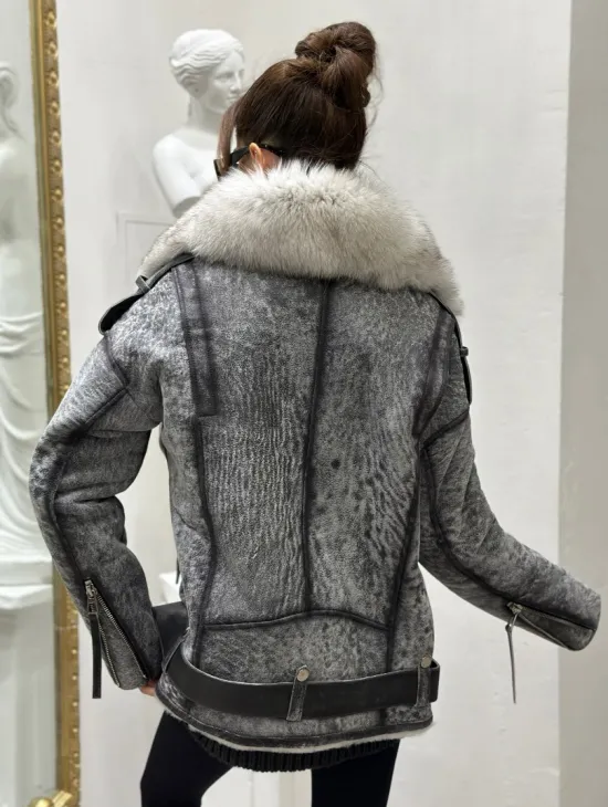 Дубленка из натуральной овчины - цвет серый - фото 4