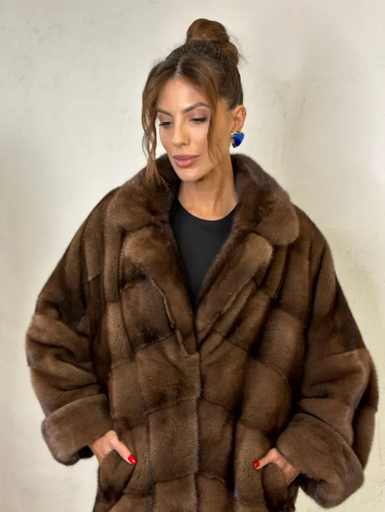 Шуба из аукционной норки английский воротник - цвет орех - фото 0