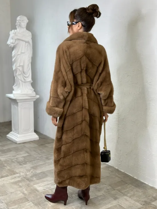 Длинная шуба карамель кимоно мех NAFA - фото 2