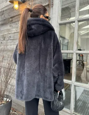 Шуба норковая с капюшоном - цвет графит - фото 1