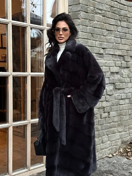 Шуба Халат из меха норки с английским воротником - цвет темный графит - фото 2