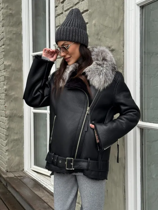 Дубленка из натуральной овчины с воротником чернобурой лисы - фото 4