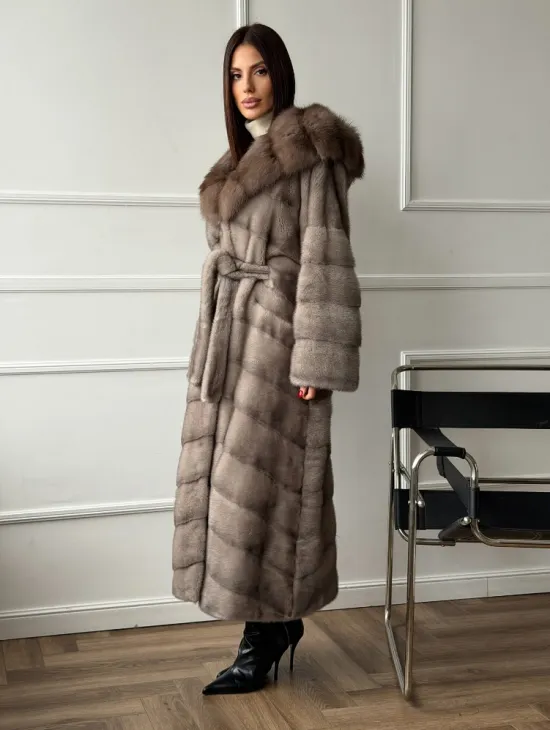 Шуба норковая с капюшоном куница - цвет светло-серый - фото 11