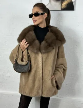 Норка автоледи с капюшоном куница - цвет пастель - фото 1