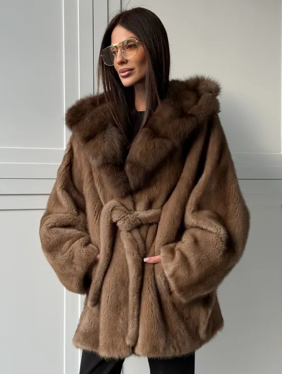 Норка NAFA пошив роспуск пастель с капюшоном куница -летучая мышь - фото 8