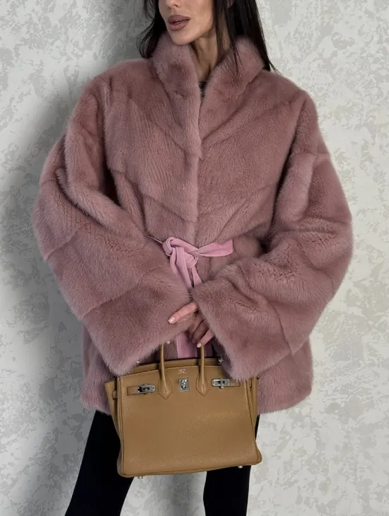 Кимоно норковое воротник отворот - цвет розовый жемчуг - фото 4