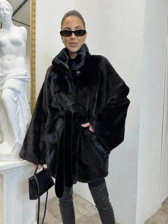 Шуба летучая мышь мех NAFA , стойка воротник - цвет черный бриллиант - фото 0