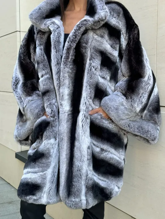 Шуба из кролика рекс стойка воротник - цвет шиншилла - фото 2