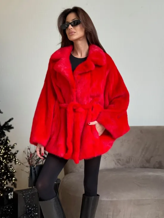 Красная норковая шуба - летучка английский воротник - фото 0