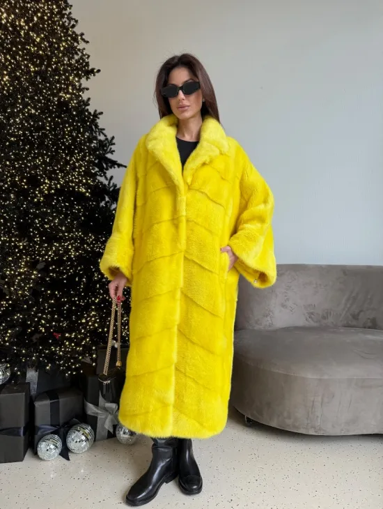 Шуба норковая в стиле Oversize - цвет лимонный - фото 6