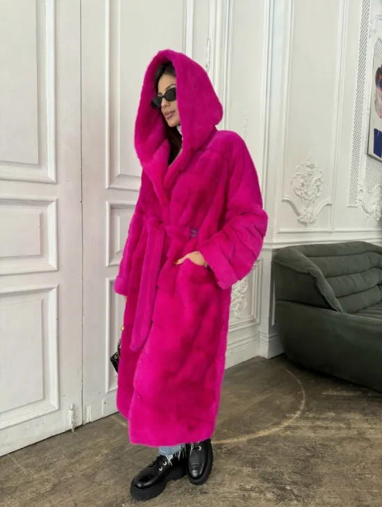 Норка кимоно с капюшоном, паркет - цвет фуксия - фото 0