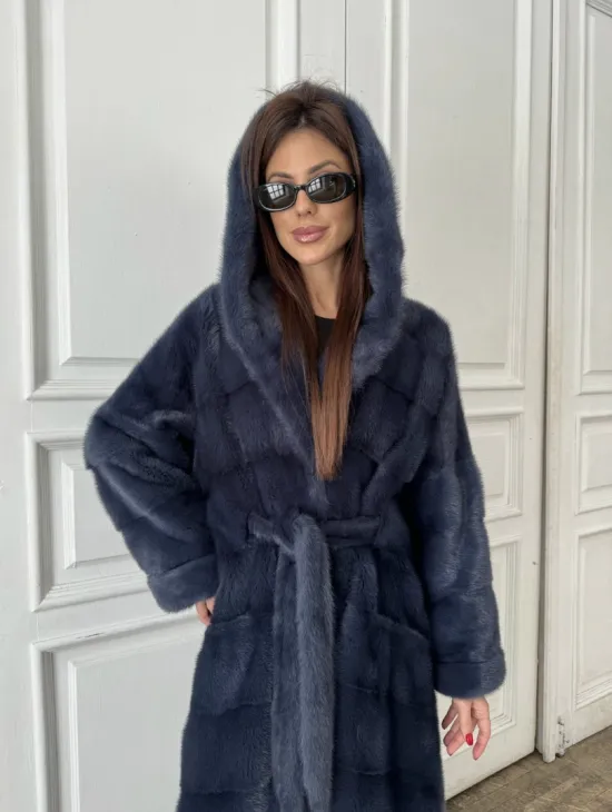 Норковая шуба с капюшоном под пояс - цвет темно-синий - фото 0