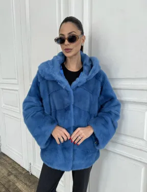 Норковый полушубок с капюшоном, паркет - цвет васильковый - фото 2