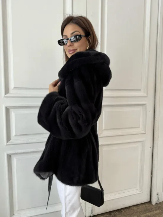 Норковый жакет с капюшоном, роспуск - цвет графит - фото 4