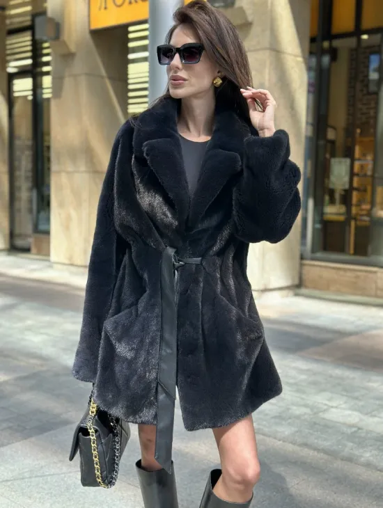 Шуба из плюшевой норки NAFA, роспуск - цвет черный изумруд - фото 0